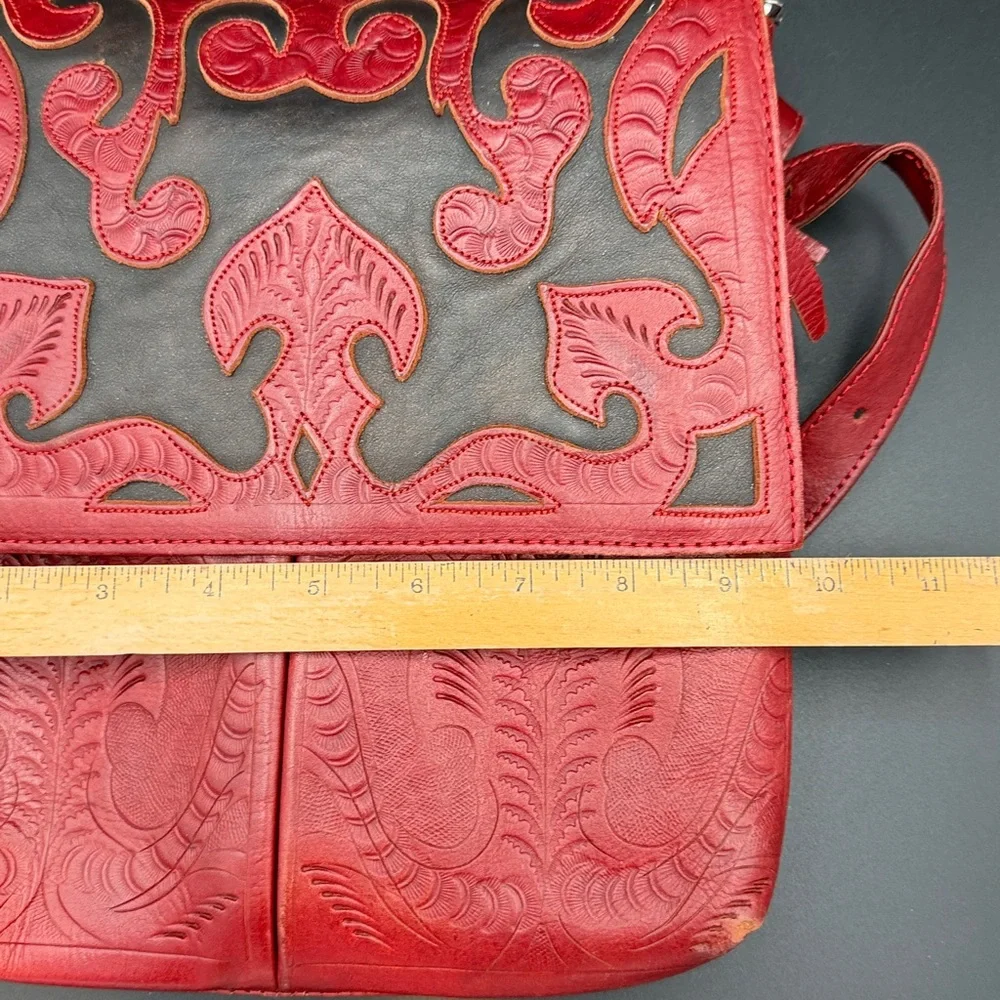 Red and Black Embossed Leather Crossbody Bag - Picture 13 of 13